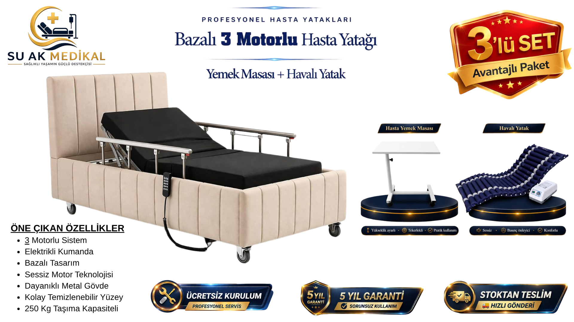 Ev Tipi Bazalı 3 Motorlu Hasta Yatağı (Piston Motorlu) + Hasta Yemek Masası + Havalı Yatak