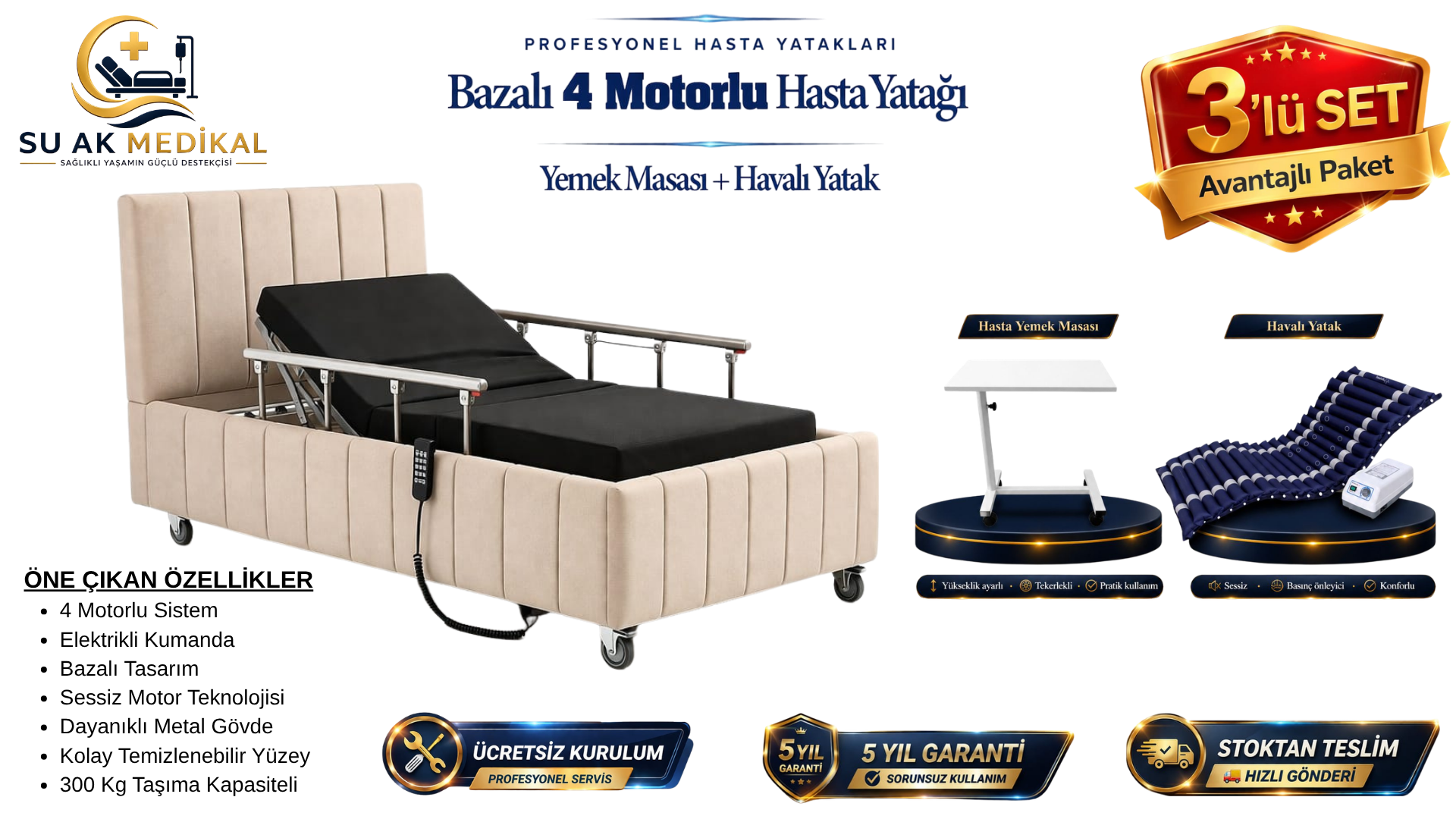 Ev Tipi Bazalı 4 Motorlu Hasta Yatağı (Piston Motorlu) + Hasta Yemek Masası + Havalı Yatak